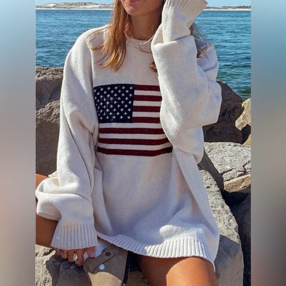 White American Flag Embroidered Stitched Mock Neck Sweatshirt Size Large - Picture 2 of 8